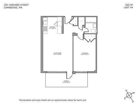 Floor plan for 1 bed, 1 bath, 604 sqft